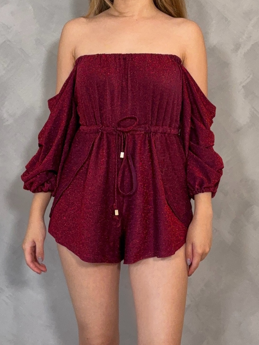 Bling glitter red off-shoulder vacation party jump suit